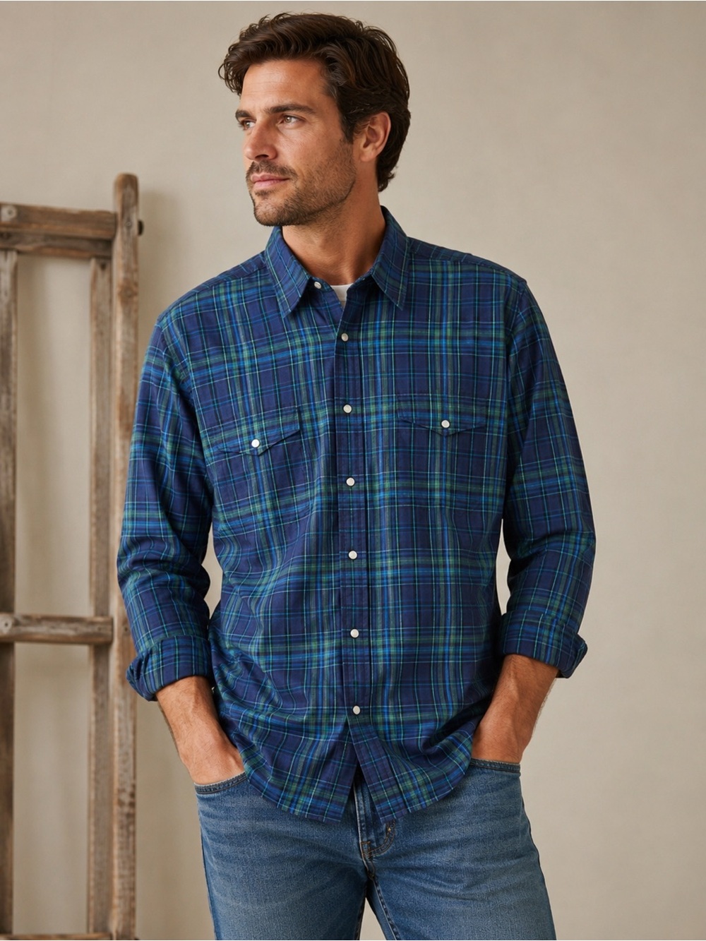 Wrangler Men’s Blue/Green Plaid Button-Up Shirt Pearl Snap Size XL